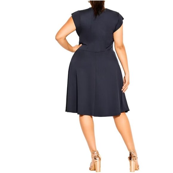 City Chic Aubree Frill Shoulder Dress Navy Blue - Picture 2 of 11